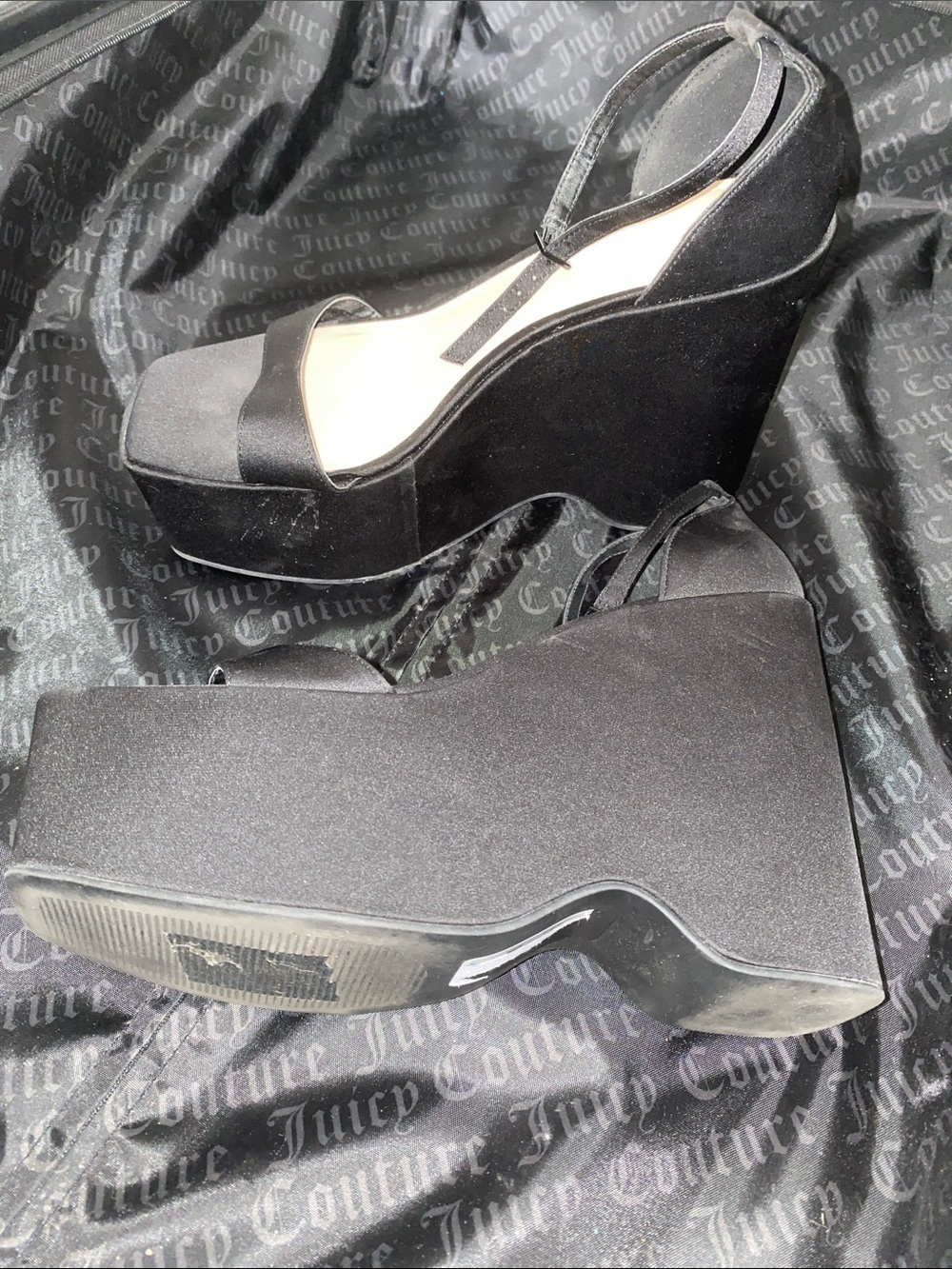 Primark Black Satin Ankle-Strap Wedge Heels